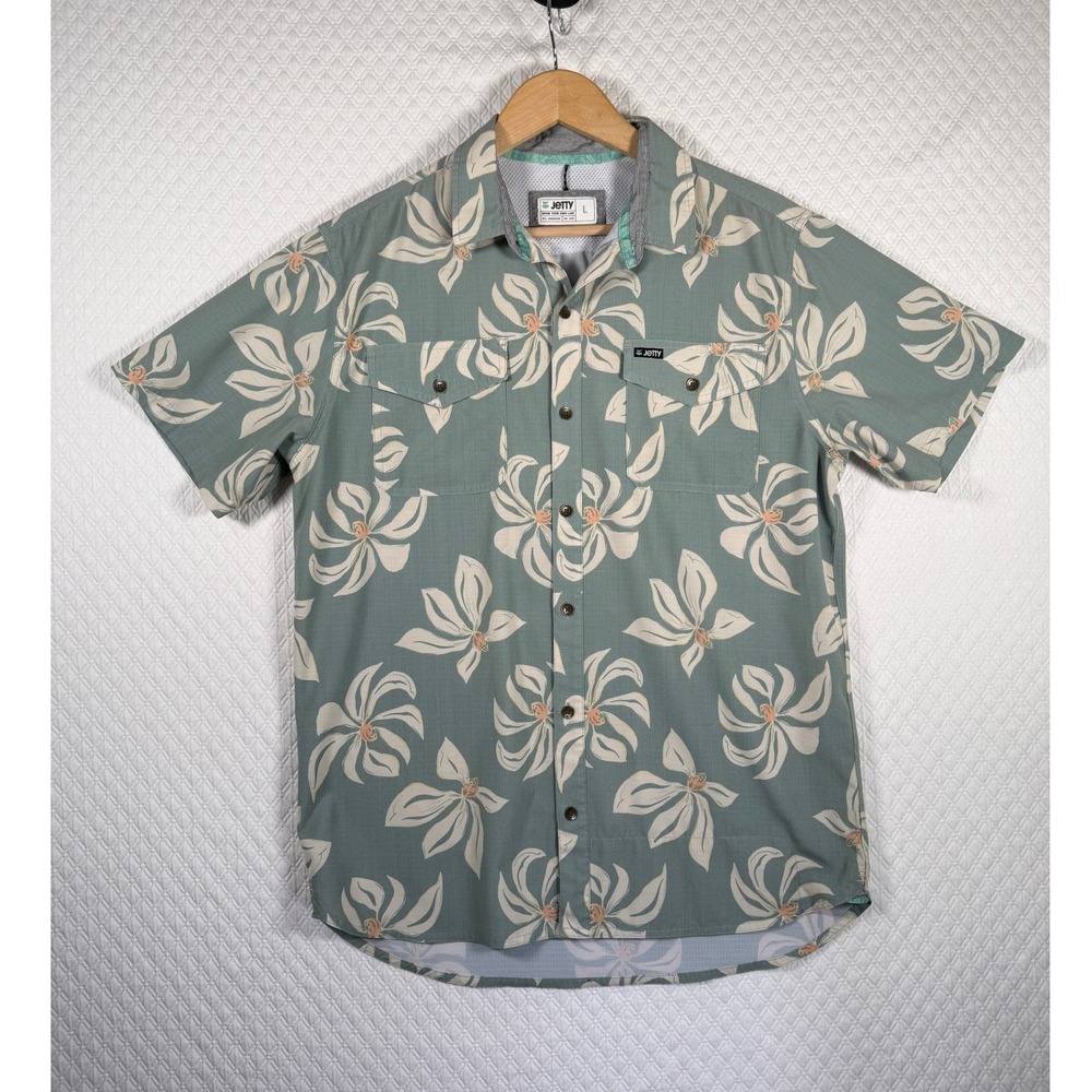 Jetty Men L Sage Green Floral Ripstop Gorp Granola Short Slev Button Dwn Shirt